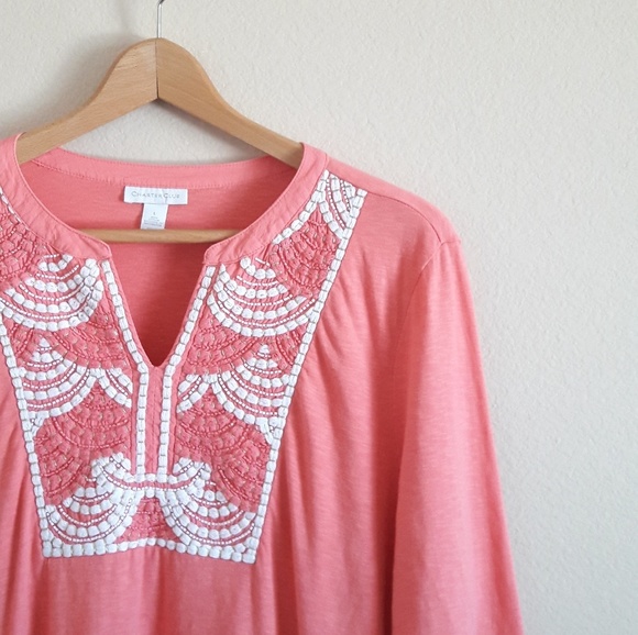 ❌SOLD❌Charter Club Coral Embroided Tunic Top - Picture 2 of 4